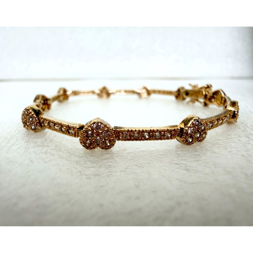 925 Sterling Silver Gold Plated Cubic Zirconia Pave Heart Links Tennis Bracelet